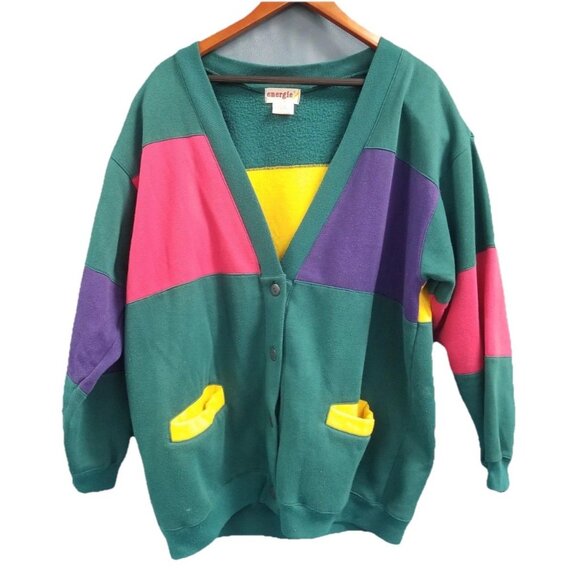 Energie Bi Vtg Currants Colorblock Sweatshirt Cardigan Sz Lg Retro 1990s 90s - Picture 3 of 7